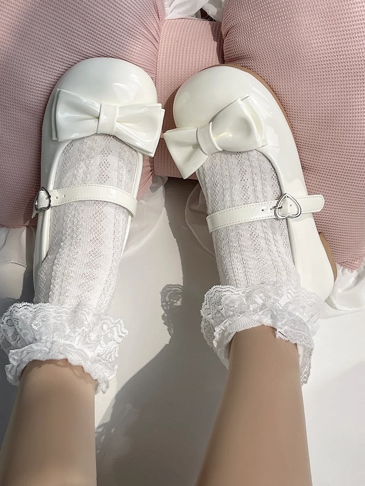 Sweet with Heart Accent Decor Mary Shoes Lolita Bow Buckle White in Charming Low-heel Jane