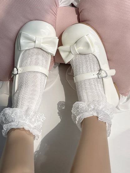 Sweet with Heart Accent Decor Mary Shoes Lolita Bow Buckle White in Charming Low-heel Jane