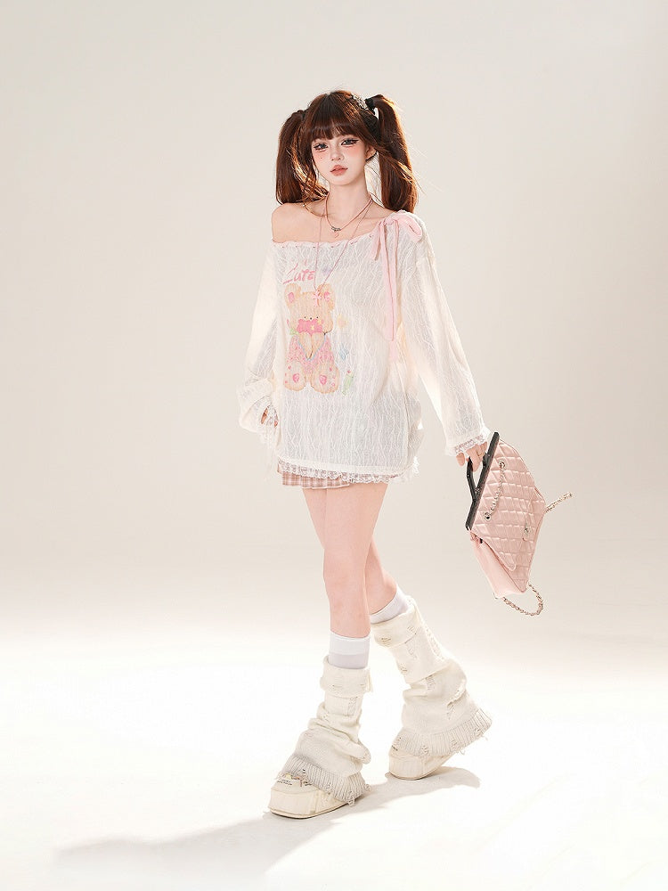 Ausschnitt-Überwurf, schulterfrei, entzückender Bärendruck, Rosa/Weiß, zum Selbstbinden