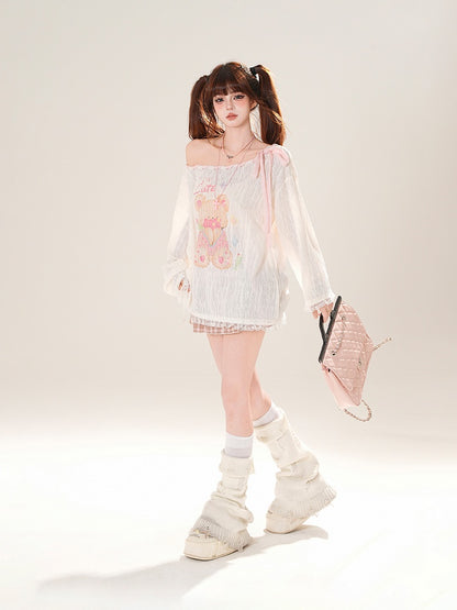 Ausschnitt-Überwurf, schulterfrei, entzückender Bärendruck, Rosa/Weiß, zum Selbstbinden