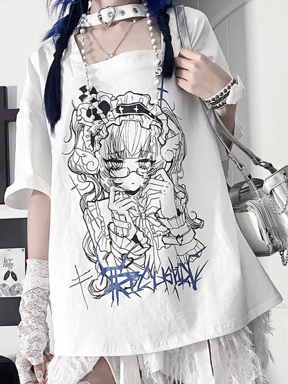 Back Square Neck Print Gothic Lace-UpAnime Sleeve White Topwith Short