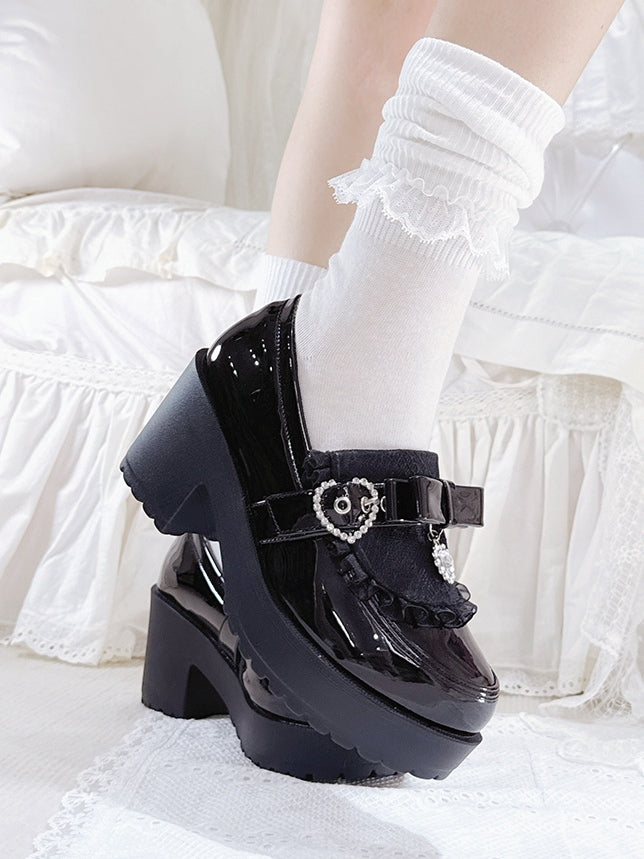 Platform Bow with Trim Polished Lace Kei Loafers Accents Jirai Rhinestone Details Black - Heart
