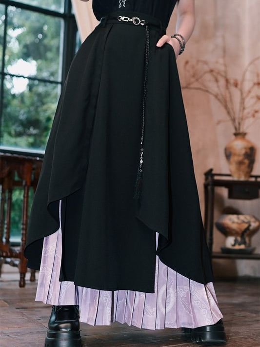Double-Layer Split Skirt Irregular with Pleated Black Purple Hem Cheongsam Regular/Thin
