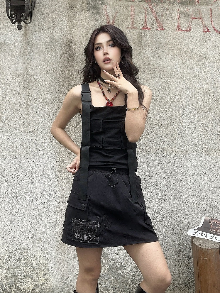 Cargo Pocket Skirt Cross and Skeleton Appliques Drawstring Black Waist