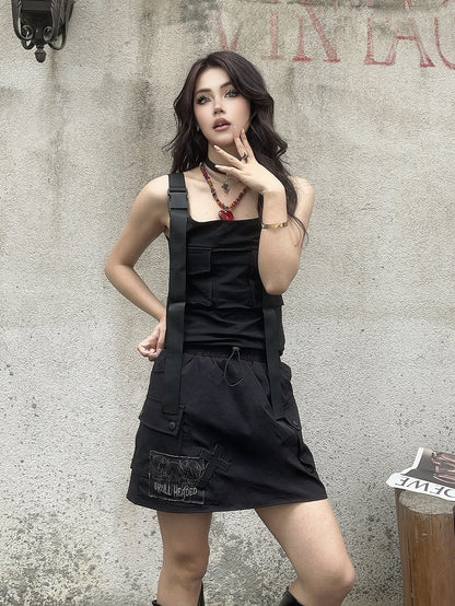 Cargo Pocket Skirt Cross and Skeleton Appliques Drawstring Black Waist