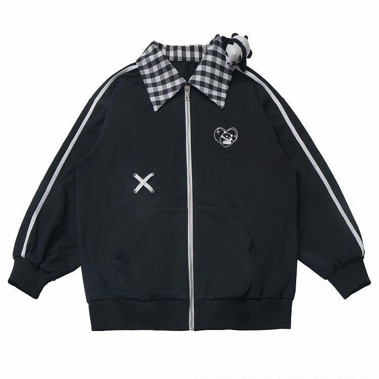 White/Black Heart Panda Embroidered Plaid Pattern Collar Jacket With A Panda Plushie