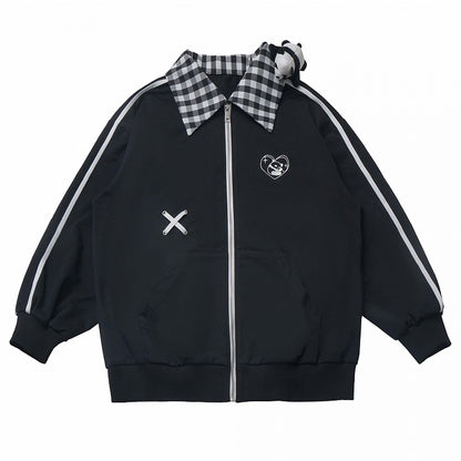 White/Black Heart Panda Embroidered Plaid Pattern Collar Jacket With A Panda Plushie