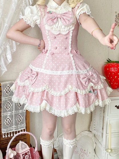Details Pink Lace with Light Bow Dot Sweet Strawberry JSK and Lolita Polka Themed Dress
