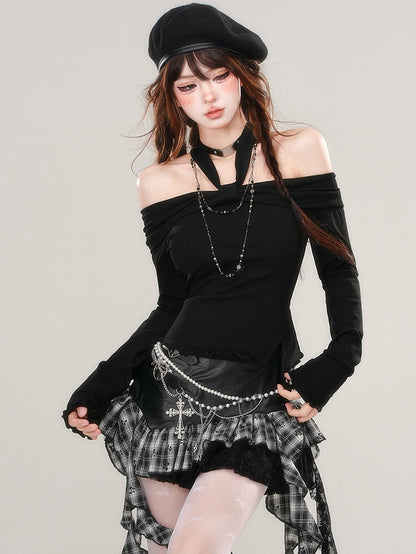 Black/Red Asymmetrical Slit Hem Halter Neck Top