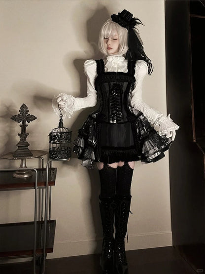 Ruffles and Black Lolita with Boned Short Pearl Shell Gothic Print Dress Corset