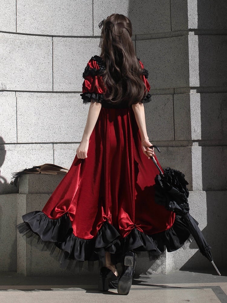 レッドエンパイアウエストマキシドレス ビーズディテール エレガントロリータ