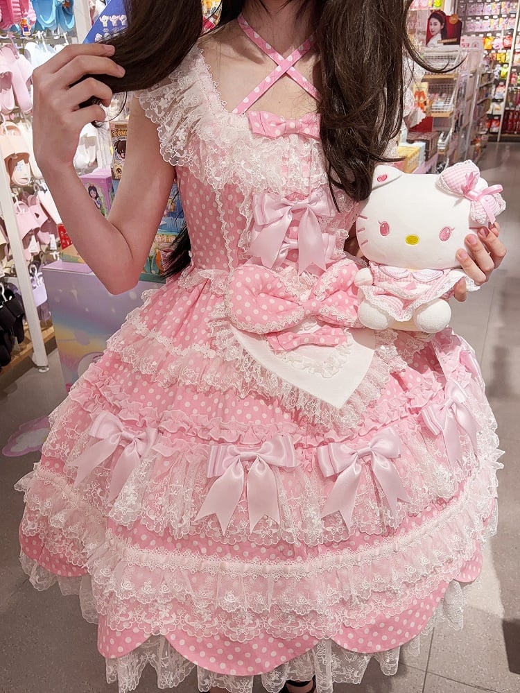 Süße Schleife rosa Kleid Punkte Lolita Polka Rock Muster Pullover Schule Akzente alt