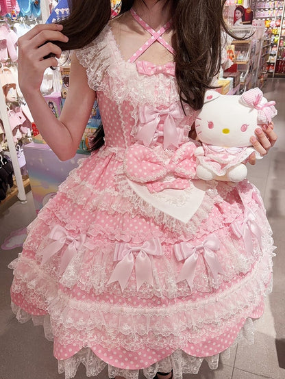 Süße Schleife rosa Kleid Punkte Lolita Polka Rock Muster Pullover Schule Akzente alt