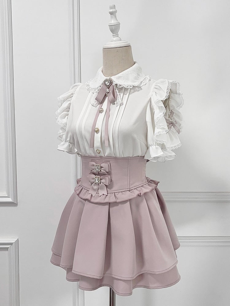 Jirai Peter with Shoulder Collar Bow Kei Blouse Tie Pan Cutout Trim White Lace