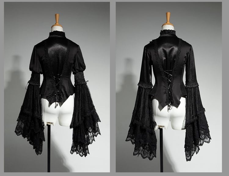 Hals Aristocrat Patched Fashion Spitzenärmel Schwarzes Hemd Ouji Bell Lolita Rüschen
