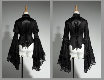 Hals Aristocrat Patched Fashion Spitzenärmel Schwarzes Hemd Ouji Bell Lolita Rüschen