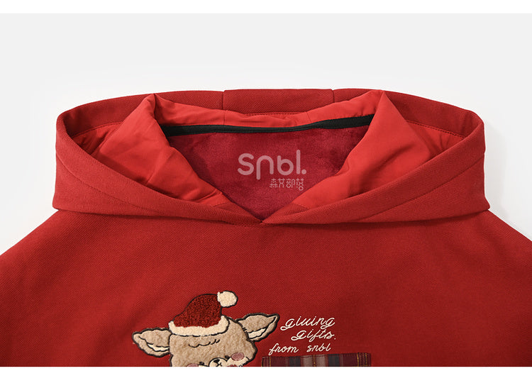 Christmas Red Cute Reindeer Appliques Thick Hoodie