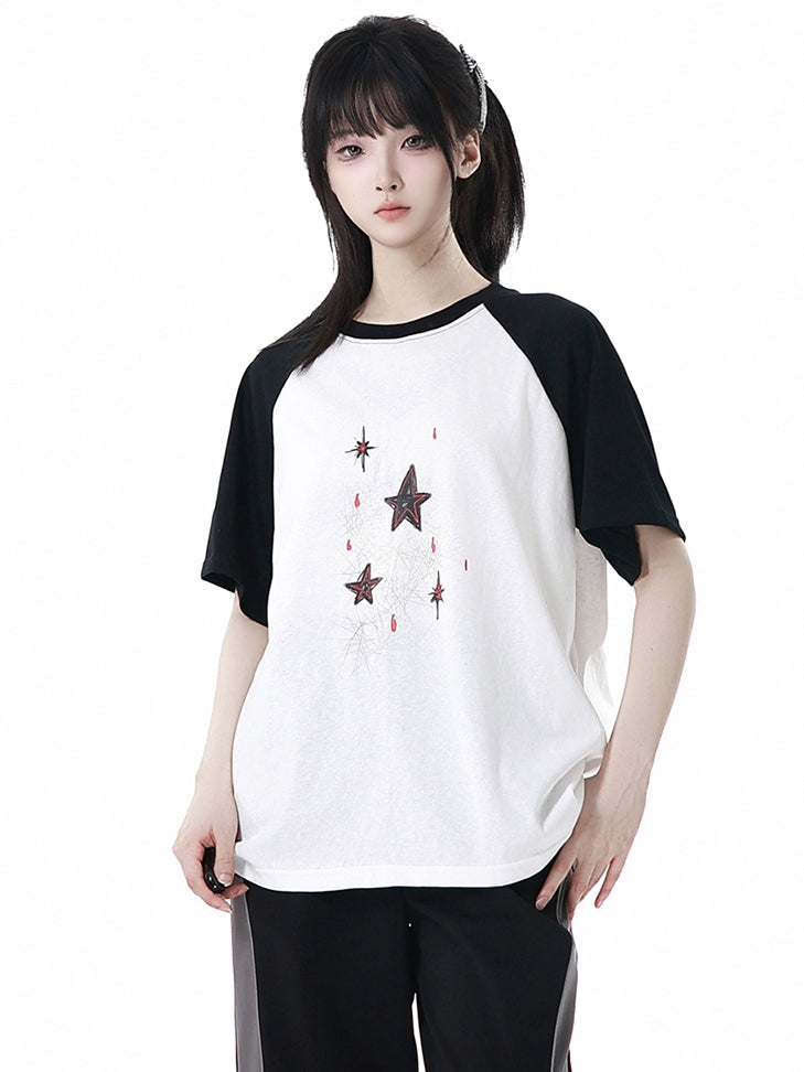 T-Shirt Star Print Black  White Colorblock Design