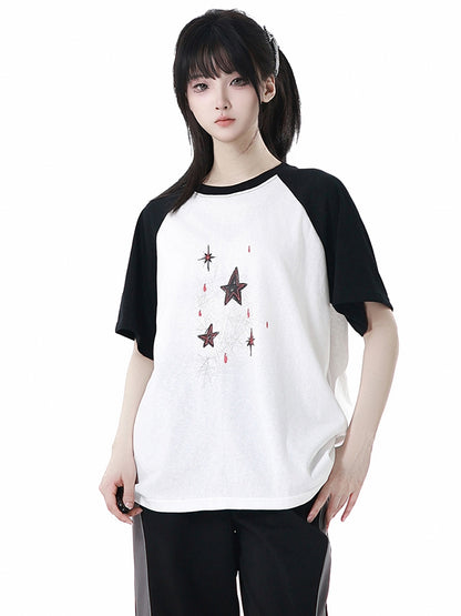 T-Shirt Star Print Black  White Colorblock Design