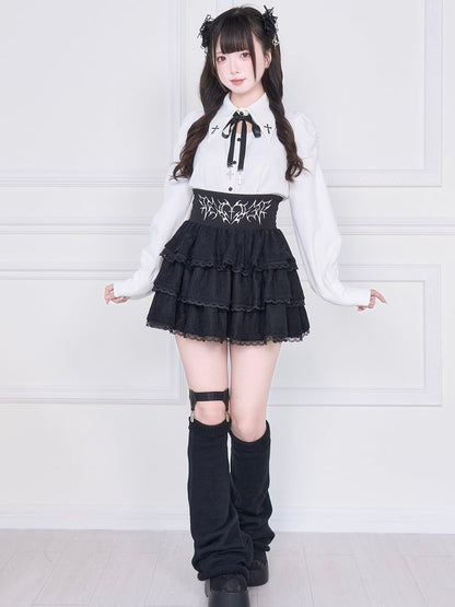 with Back White Jirai Blouse: Lacing Sleeve Long Kei Gothic