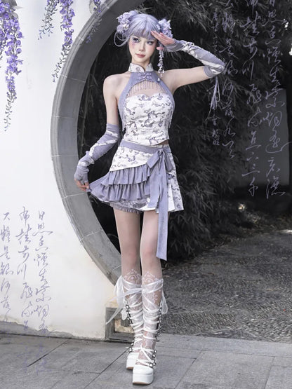 Lila Stoff Shorts Print Rock Futter S Chinoiserie Dragon Ausverkauf Größe 65–69 cm Taille für mit