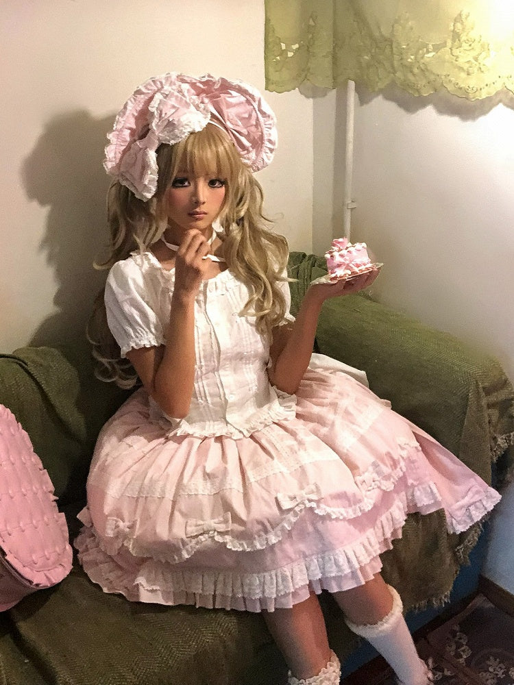 Pink & Black Bow Lace Bonnet with Ruffle Details - Hana Studio