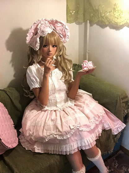 Pink & Black Bow Lace Bonnet with Ruffle Details - Hana Studio