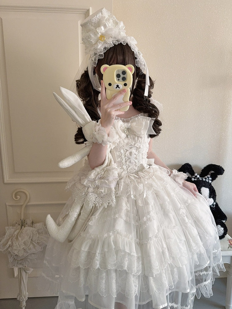 Multi-Layer JSK + Lace Dress Bows Details White / Pure Hanayome-Style Full Overlay Rhinestone Lolita with Set