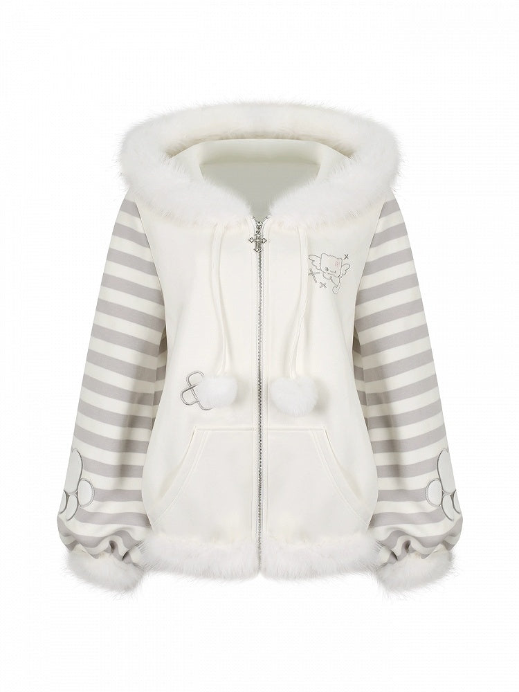 Otaku Embroidery White Hooded Jacket Moe - Gray Kitten