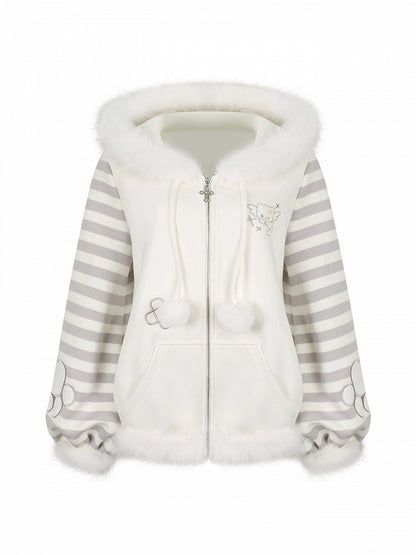 Otaku Embroidery White Hooded Jacket Moe - Gray Kitten