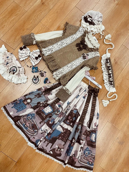 Trimmed Brown Lace Sweet Skirt Sheep's Print Home Lolita