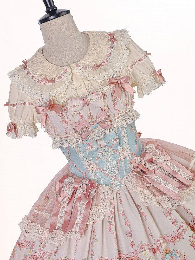 Doll Theme JSK Dress in Blue & Pink with Bow Accents, Lolita Style - Alice Girl