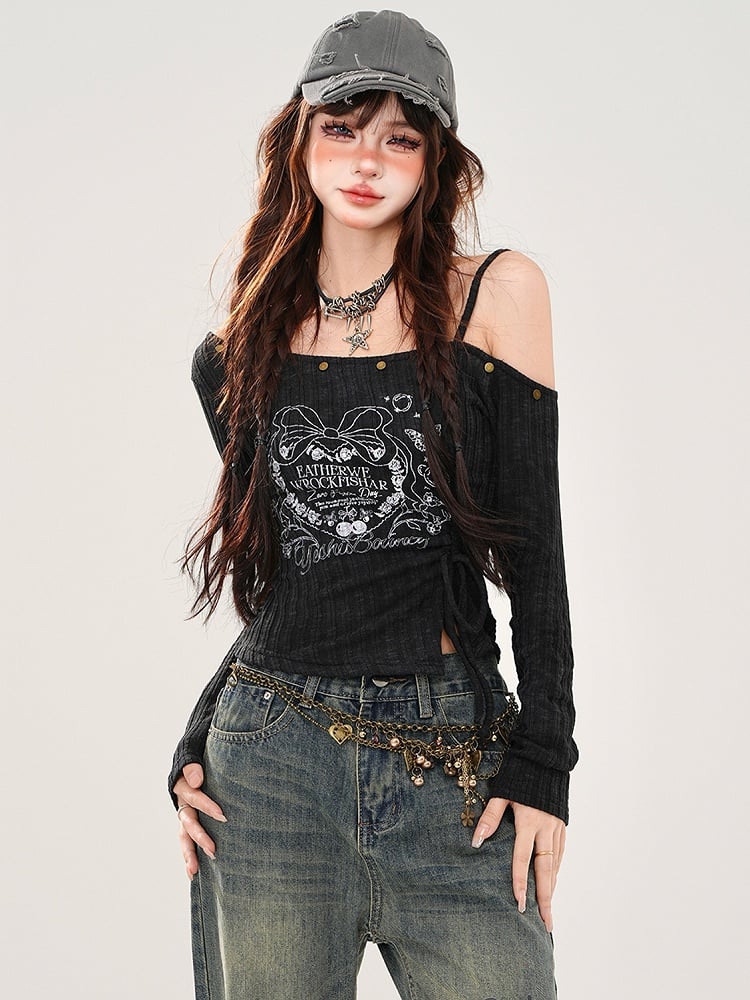 ブラック/グレー ドローストリングウエスト アシンメトリーネックライン グラフィックトップ