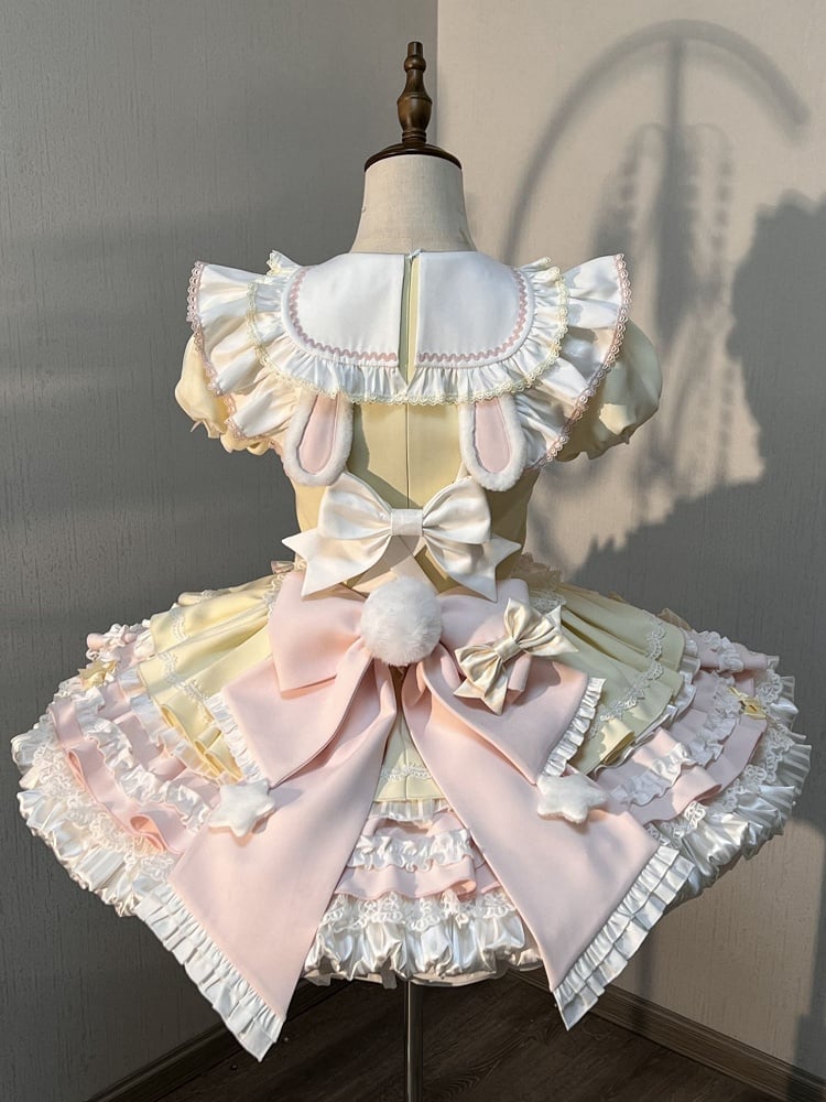 テーマピンクイエローと袖パフロリータメイドスイートバニードレス