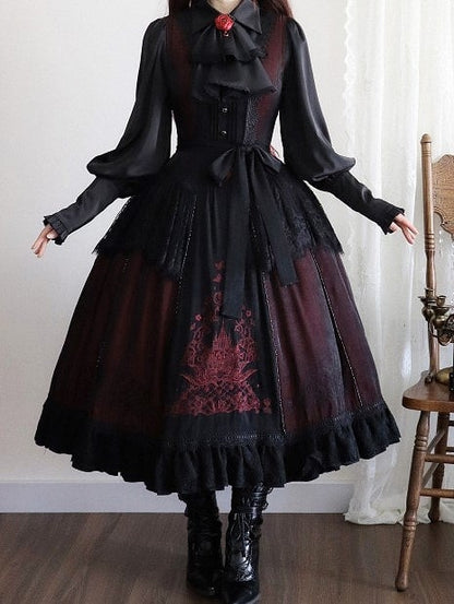 Details Dress with Square Neckline Embroidered Black Gothic Lace Red Lolita