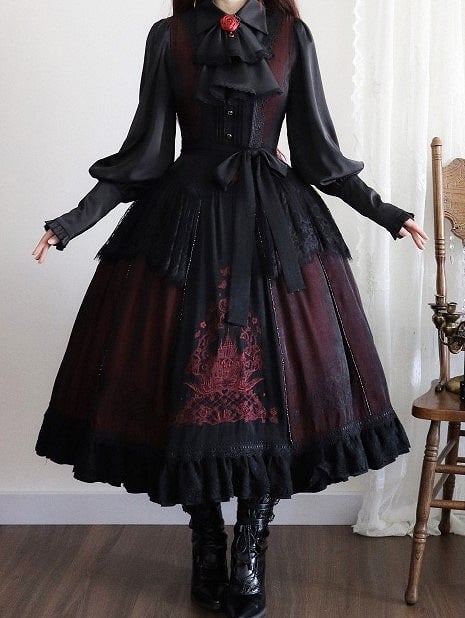 Details Dress with Square Neckline Embroidered Black Gothic Lace Red Lolita
