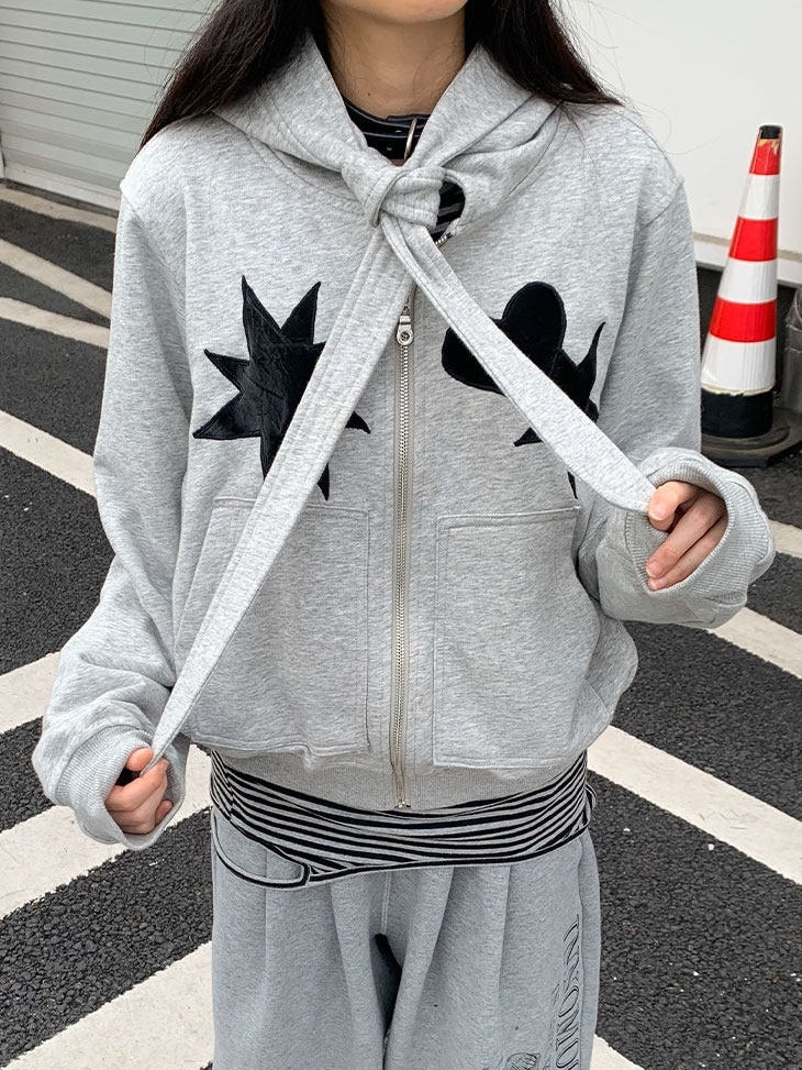 Star Heart Grey Jacket Hooded Patches with
