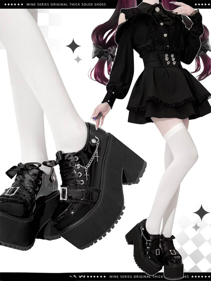 Square Rhinestone Buckle & Detachable Cross Chain - Jirai Kei Polished Black PU Platforms with Ribbon Laces