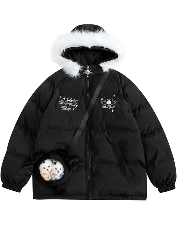 Schwarz/rote Pufferjacke mit Kapuze „Little Devil“ und gratis Ita-Tasche