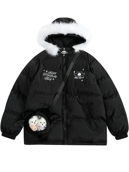 Schwarz/rote Pufferjacke mit Kapuze „Little Devil“ und gratis Ita-Tasche