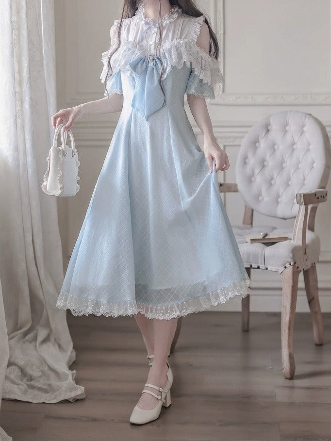 Blue Off-Shoulder Short Sleeve Chiffon Dress with Bow and Lace - Walnut JK