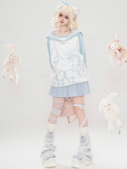 ライトブルー/ピンク/ブラック 自来也景 地雷ガールグラフィック セーラーカラーセーター