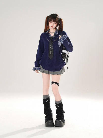 with Sleeve Sweater Knit Plaid Gray/Navy Faux Two-Piece Blue Crest Embroidered Preppy Long