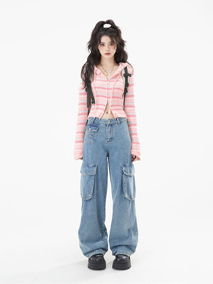 ブラック柄ストライプフードカーディガン / ピンク