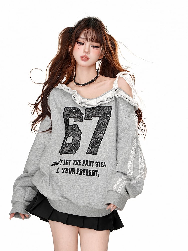 Embroidered Applique Asymmetrical with Number Lace Gray Sweatshirt