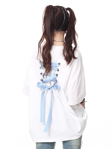 Details Multi-Color Print T-shirt Lacing White Back with Ribbons Bow
