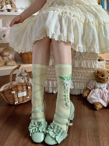 Of Pattern Lily And White/Green Bowknot Valley Calf The Socks Lace