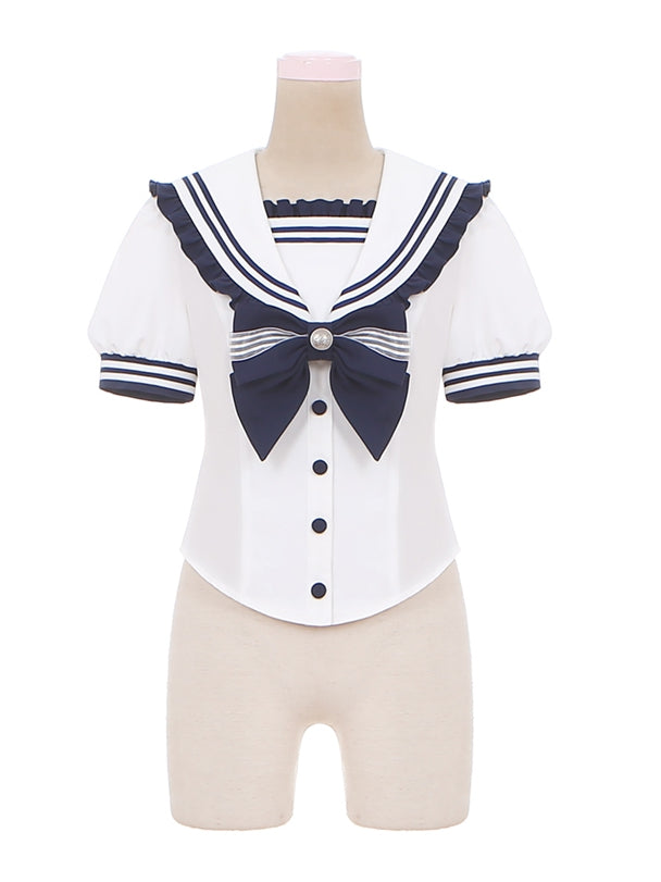 Süße Lolita-Bluse mit Akzent, blauer Schleife, Matrosenkragen, marineblau, mit Rüschen