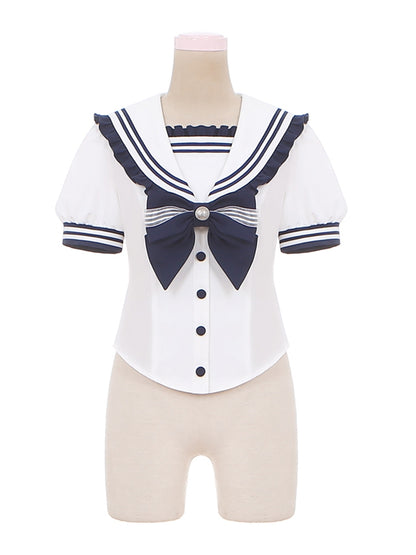 Süße Lolita-Bluse mit Akzent, blauer Schleife, Matrosenkragen, marineblau, mit Rüschen