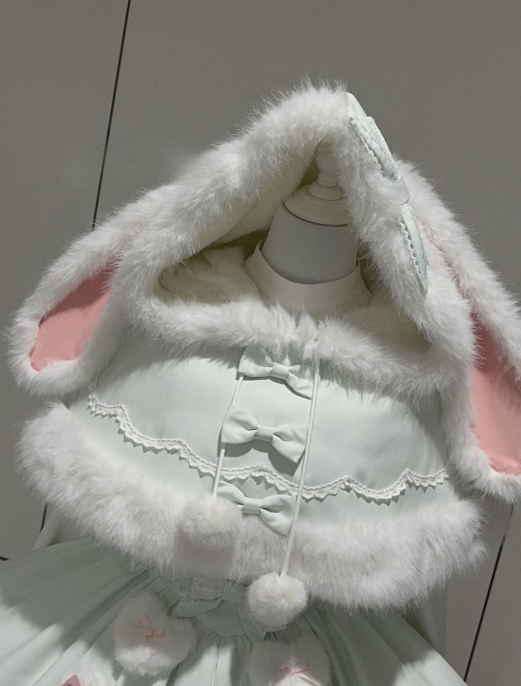 White Green Ears Mint Winter with Trimming Bunny Plush Hooded Cape